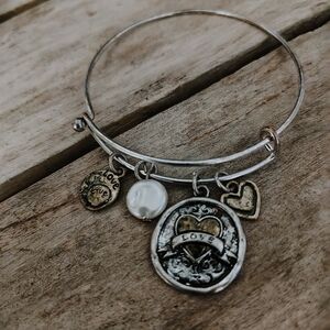 Silver-Tone Love Charm Bangle Bracelet with Pearl Accent